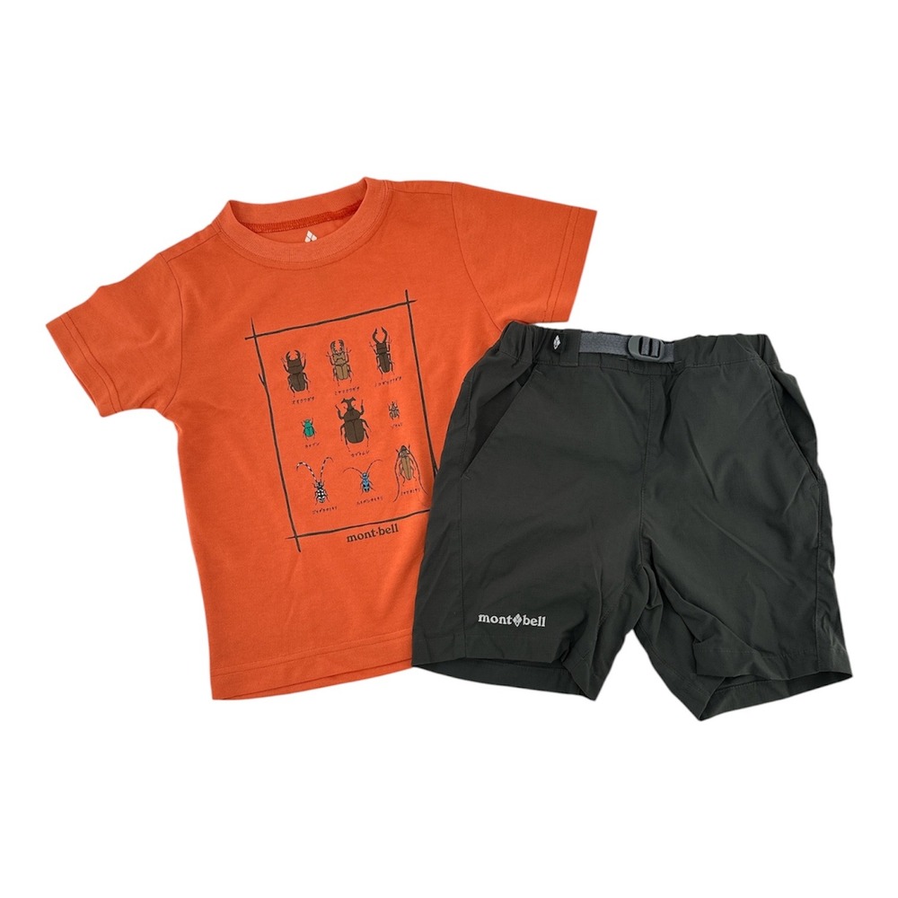 Montbell Kids 100 Gray Hiking Shorts & Orange Beetle Graphic T-Shirt Set